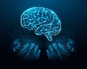 Two human hands are holds human brain. Support healthy brain concept. Wireframe glowing low poly design on dark blue background. Abstract futuristic vector illustration.