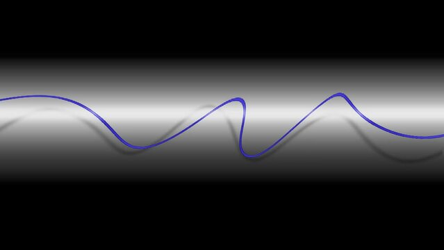 Warped smooth illuminated blue sine wave in seamless motion, casting shadow on black and white background