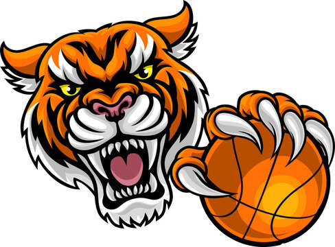 Tiger Holding Basketball Ball Mascot