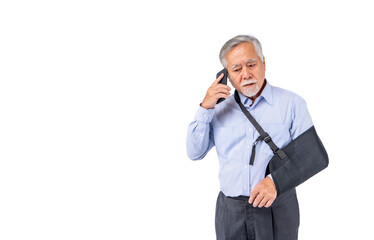 retired asian elderly man broken arm wear arm splint for treatment confident lifestyle, Old elderly male Sick and using phone for medical care,