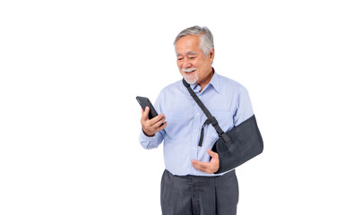 retired asian elderly man broken arm wear arm splint for treatment confident lifestyle, Old elderly...