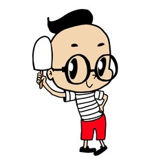 Obraz premium cartoon boy with glasses eating ice cream