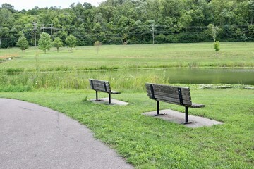 The empty wood benches in the park on a sunny day.