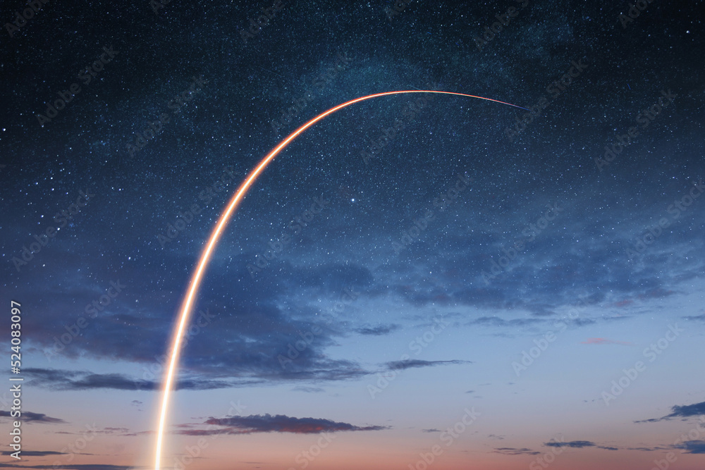 Poster new space shuttle with a light trail flies into the amazing starry sky. beginning a space mission an