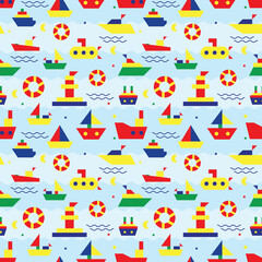 Fototapeta premium Geometric design pattern ships kids wallpaper colorful boats print pattern for clothing fabrics