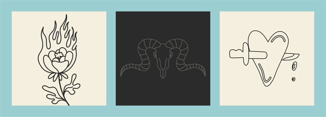 Hand-drawn line drawings, rose on fire, heart with hryvnia, animal skull with horns. Set of black and white vector illustrations. Cartoon style, flat design.