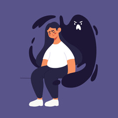 Young woman having mental problems. Depression, anxiety concept. Despaired feamle character suffering from psychology issues, sorrow, sadness, grief, panic attack vector illustration