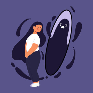 Psychological problems and fatphobia. Sad woman looking at mirror. Depressed young girl with eating disorder, dysmorphophobia. Vector flat illustration. Dissatisfaction with body, weight, appearance