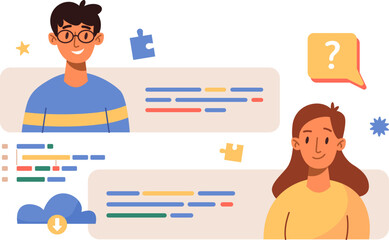 Man and woman taking part in business communication at remote work. Online video conference calls, sending documents, group chat, teamwork concept. Software engineer working on web development project