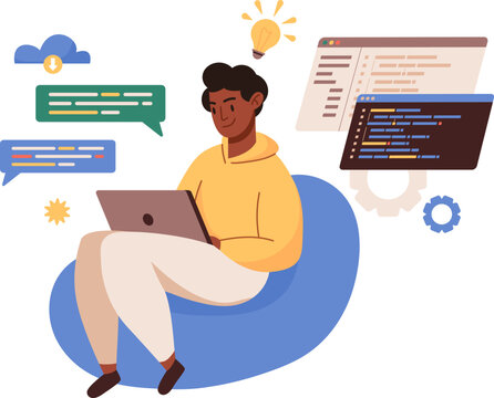 Coding project. Young man sitting with laptop, writing code, studying. Script coding in php, python, javascript, programming languages. Freelance and remote job, online course concept