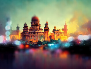 Fototapeta na wymiar Blur matte painting tample city on river bank of india, Water temples on bank of lake, Blur background for vfx, post movie production, this image has been deliberately blurred and out of focus