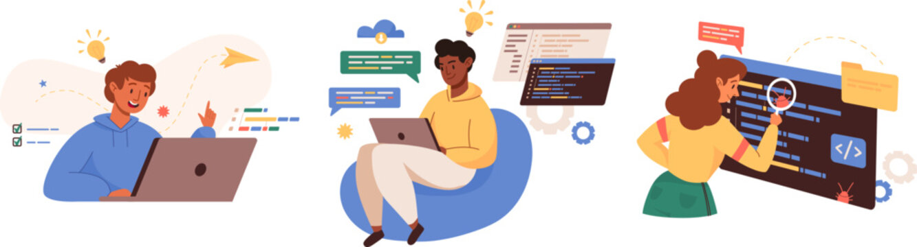 Web development courses concept banner template. Script coding and programming in php, python, javascript, programming languages. Software engineer working on web development on computer