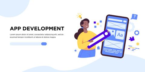 UX and UI design, programming concept banner, landing page. Female Designer team working on mobile app. Prototyping or coding web page or mobile app. Cms development.