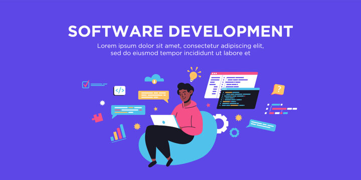 Coding project. Young man sitting with laptop, writing code, studying. Script coding in php, python, javascript, programming languages. Freelance and remote job, online course concept