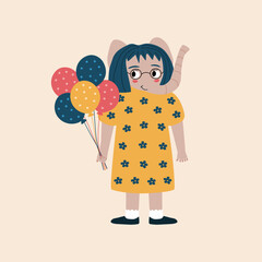 Funny elephant girl in yellow dress with balloons hand drawn vector illustration. Cute isolated animal character in flat style for kids alphabet. The letter 