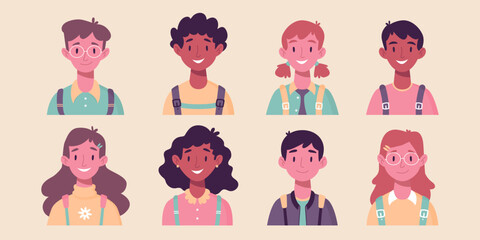 Set of children's portraits. Set of smiling faces of boys and girls with backpacks, different hairstyles, skin color, ethnicity. School kids avatars. flat vector illustration. Back to school clip art