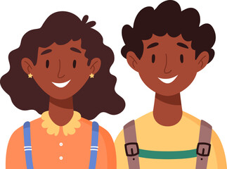 Happy smiling girl and boy classmates. African kids portrait. Children with backpacks. Primary school students back to class. Flat cartoon vector illustration. Friendship concept