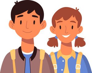 Happy smiling girl and boy classmates. Smiling kids portrait. Children with backpacks. Primary school students back to class. Flat cartoon vector illustration. Friendship concept