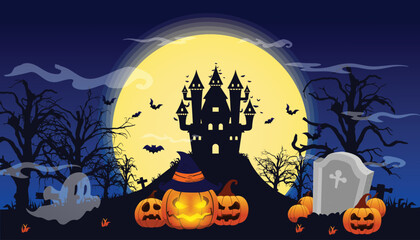 Pumpkins and Dark Castle on Full Moon