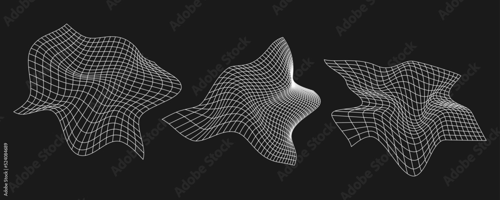 Poster set of cyber distorted grids, retro punk design elements. wireframe wave geometry mesh on black back