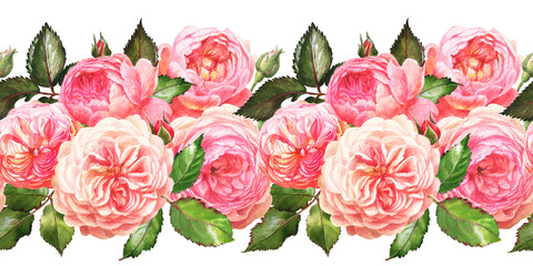 watercolor seamless border with summer flowers - colorful roses in botanical style