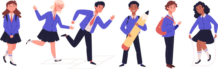 Happy children in school uniform with backpacks in class. Boys and girls multiethnic classmates go back to school. Kids playing, standing in different poses set. Cartoon vector illustration collection