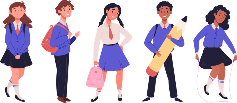 Happy children in school uniform with backpacks in class. Boys and girls multiethnic classmates go back to school. Kids playing, standing in different poses set. Cartoon vector illustration collection