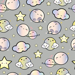 Gray color background with Cute Kawaii Night Sky Planets & stars Seamless pattern