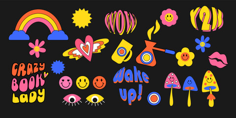 Retro stickers set. Y2k trendy hipster vector design. Fun groovy retro clipart elements on black background