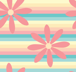 Seamless pattern background with pastel horizontal lines and simple daisy flowers. Geometric lines cute y2k 90s modern trendy cute texture design