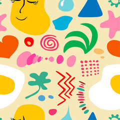 Abstract set of hand drawn various shapes and doodle objects on light yellow seamless background. Colorful shapes.