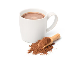 Hot cacoa drink with cocoa powder isolated on white background.