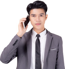 Young asian business man in suit talking on mobile phone isolated png transparent file, businessman speaking and listening smartphone with conversation, male holding cell phone, communication concept.