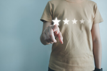 Fototapeta premium Customer satisfaction rating, Thumbs up excellent service, Review the highest rated 5 stars, Impressed very good service, the best attention, feedback from guest.