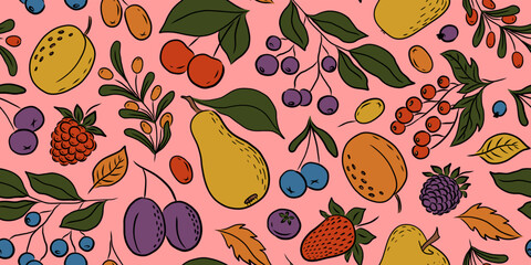 PINK VECTOR SEAMLESS PATTERN WITH COLORFUL FRUITS AND BERRIES