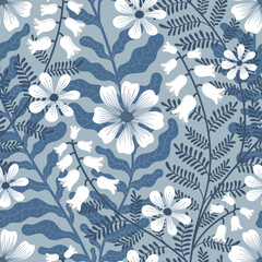VECTOR SEAMLESS LIGHT BLUE BACKGROUND WITH WHITE WEAVING FLOWERS