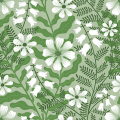 VECTOR SEAMLESS LIGHT GREEN BACKGROUND WITH WHITE WEAVING FLOWERS