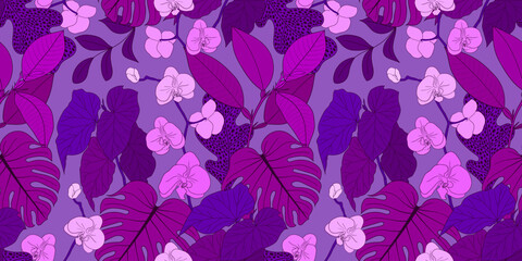 VECTOR SEAMLESS PURPLE BANNER WITH BLOOMING ORCHIDS AND COLORFUL TROPICAL PLANTS