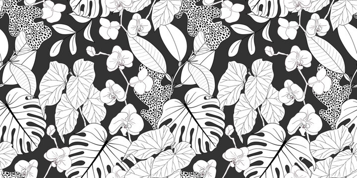 VECTOR SEAMLESS GRAY BANNER WITH WHITE BLOOMING ORCHIDS AND TROPICAL PLANTS