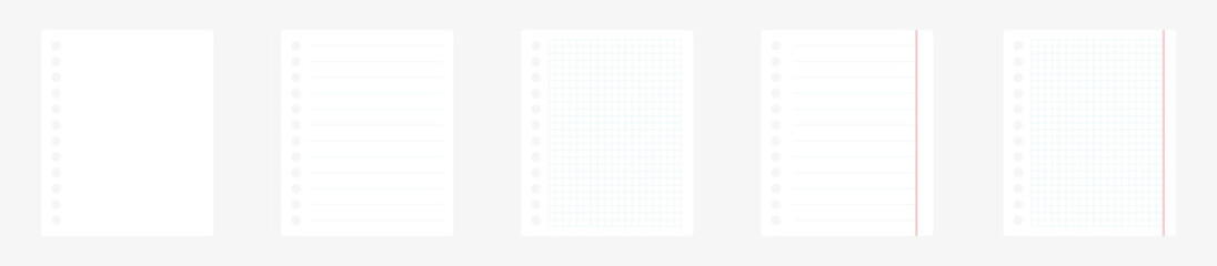 Realistic lined, squared and empty notepapers set. Paper blank sheets collection. Vector isolated on white.