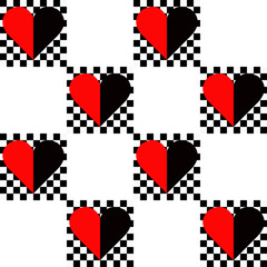 Red and black hearts pattern on white and chess background.