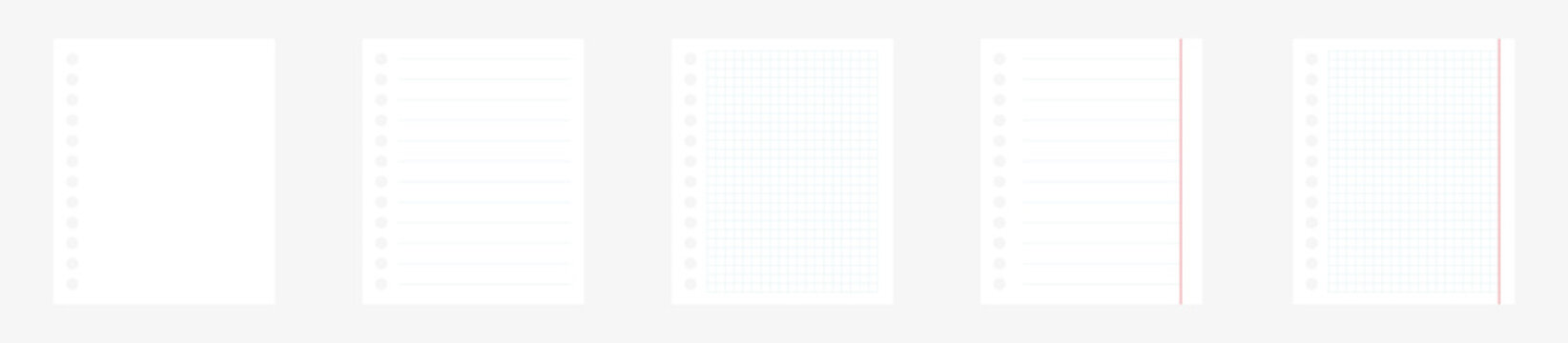 Realistic lined, squared and empty notepapers set. Paper blank sheets collection. Vector isolated on white.