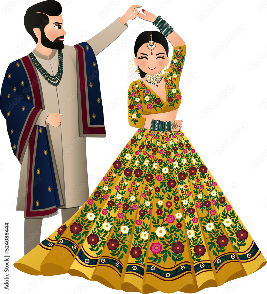 Wall mural bride and groom cute couple in traditional indian dress cartoon character - Wall murals