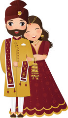 Bride and groom cute couple in traditional indian dress cartoon character