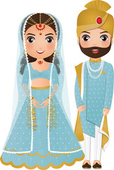 Bride and groom cute couple in traditional indian dress cartoon character