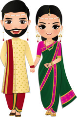 Bride and groom cute couple in traditional indian dress cartoon character