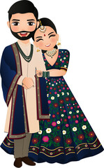 Fototapeta na wymiar Bride and groom cute couple in traditional indian dress cartoon character