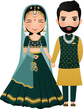 Bride and groom cute couple in traditional indian dress cartoon character