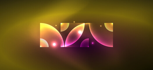 Obraz premium Abstract background with neon glowing light effects. Round shapes, triangles and circles. Wallpaper for concept of AI technology, blockchain, communication, 5G, science, business and technology