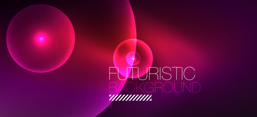 Abstract background with neon glowing light effects. Round shapes, triangles and circles. Wallpaper for concept of AI technology, blockchain, communication, 5G, science, business and technology